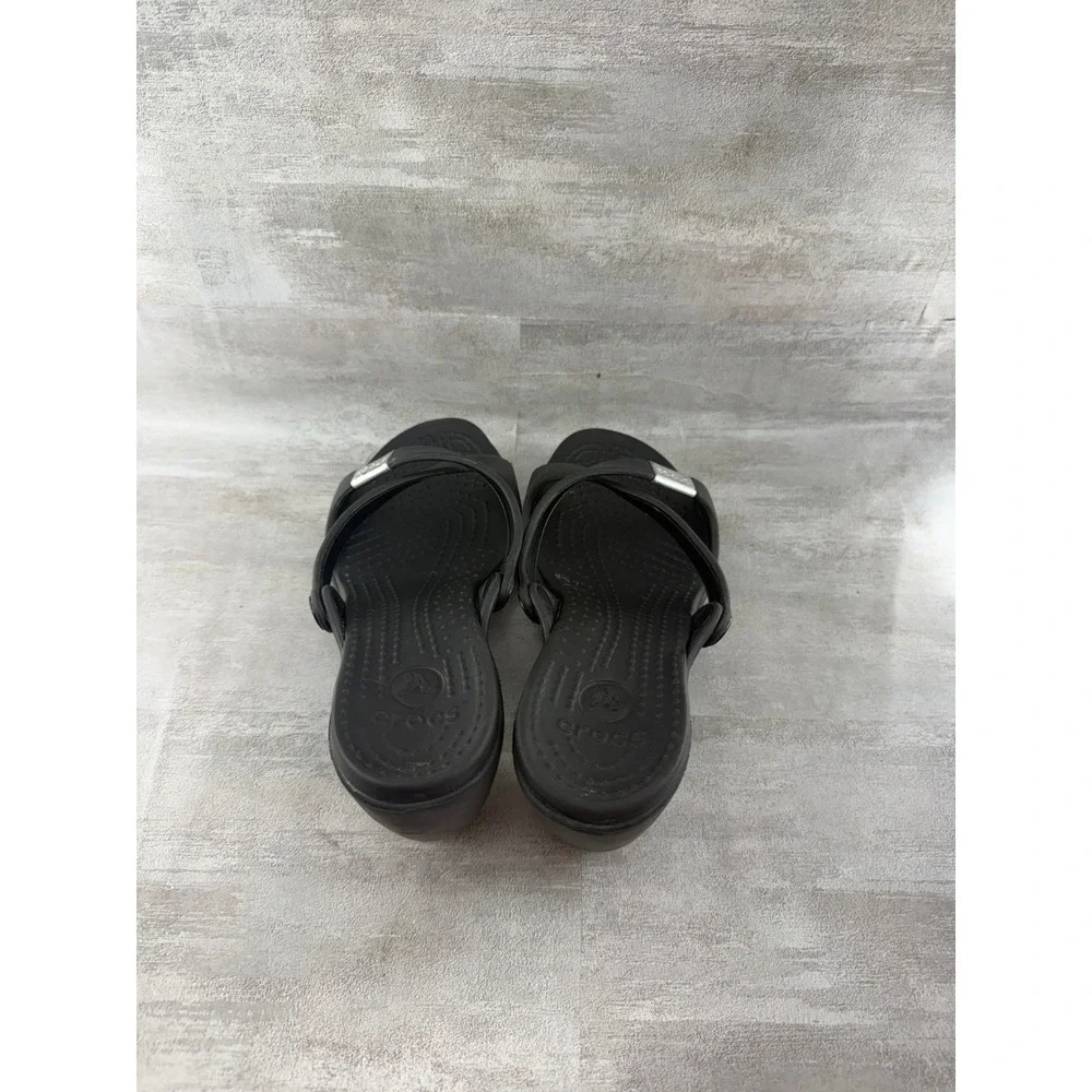 Crocs Cyprus II Black Strappy High Heel Sandals Women Size 8 Slip On Comfort